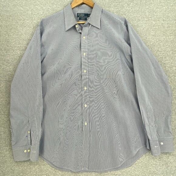 Ralph Lauren Polo Shirt Mens 17 Blue Striped Button Up Long Sleeve Classic Fit - Picture 1 of 12